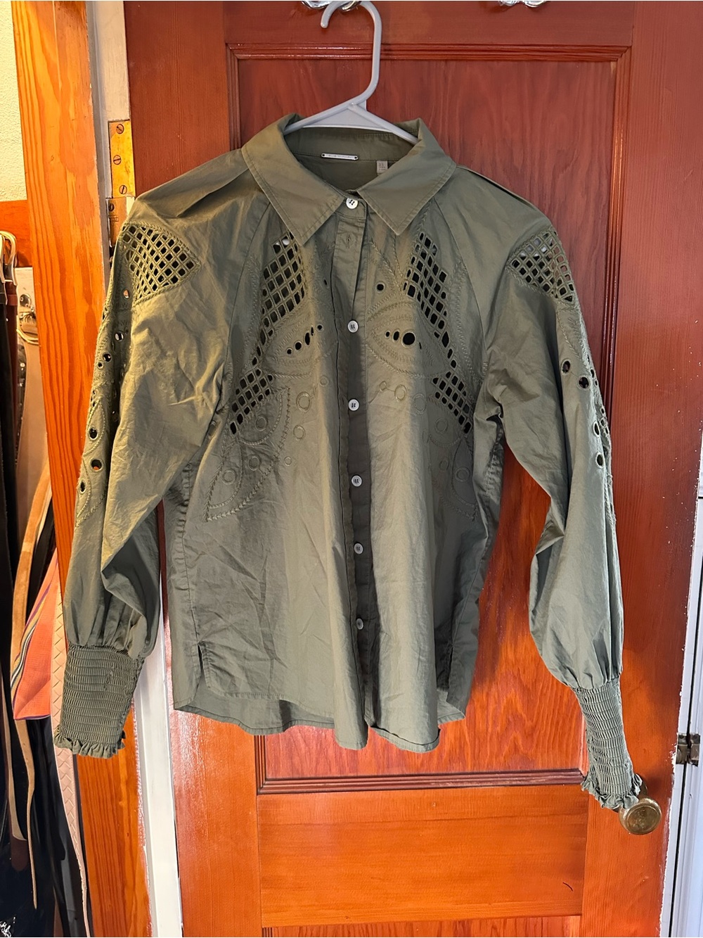 Elie Tahari Olive Eyelet Button-Front Blouse